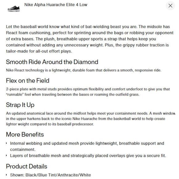 Nike Alpha Huarache Elite 4 Low Men's Metal Baseball Cleats Size 7.5‎ NWT - Picture 7 of 12